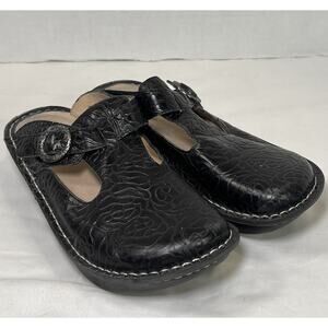 ALEGRIA Slip On Mules Size 39 / 9 Black Embossed Leather Clogs Comfort Shoes